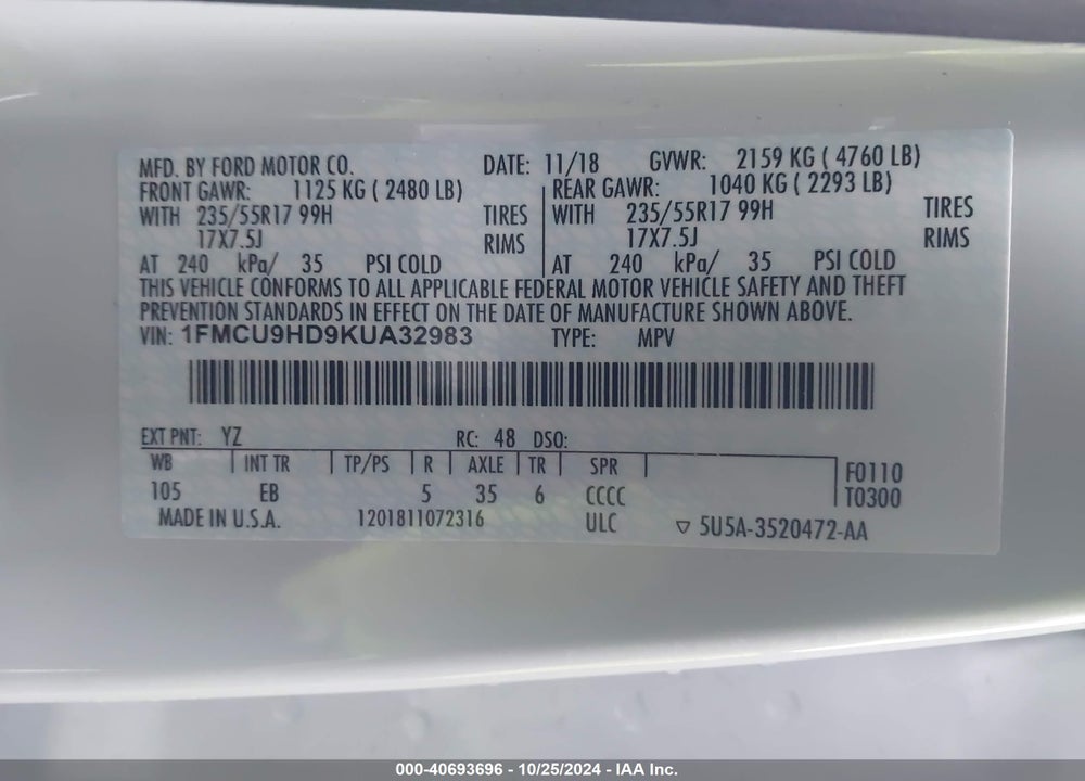 2019 FORD ESCAPE SEL VIN: 1FMCU9HD9KUA32983