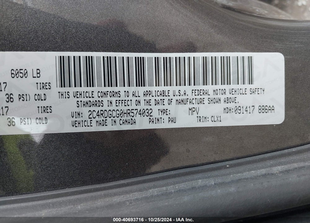 2017 DODGE GRAND CARAVAN SXT VIN: 2C4RDGCG0HR574032
