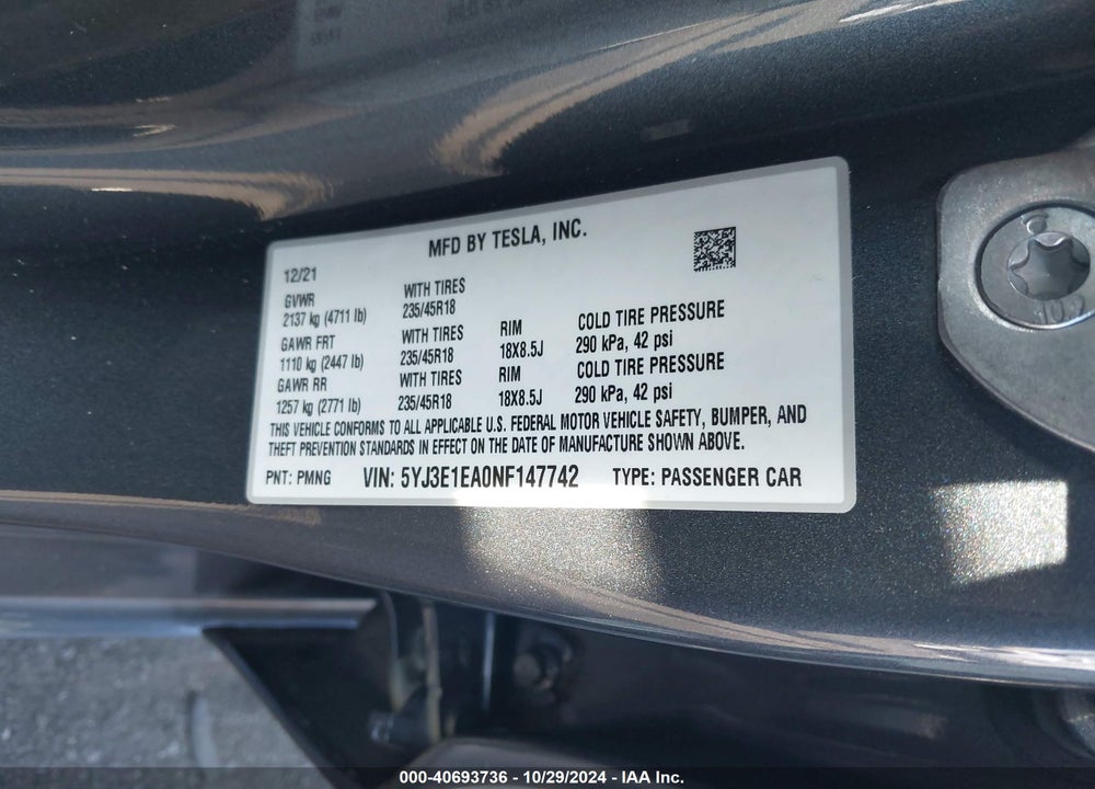 2022 TESLA MODEL 3 REAR-WHEEL DRIVE VIN: 5YJ3E1EA0NF147742