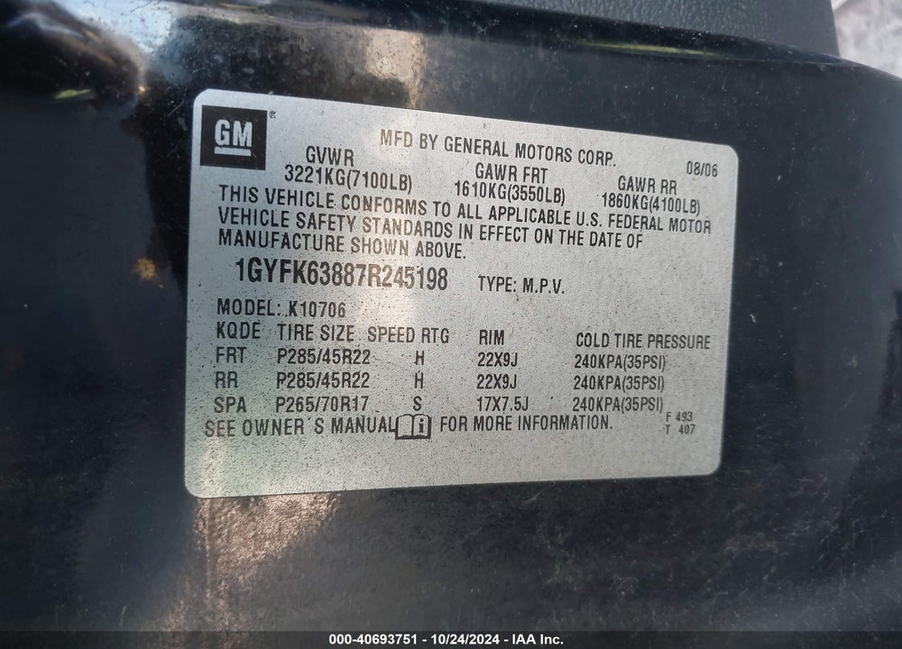 2007 CADILLAC ESCALADE STANDARD VIN: 1GYFK63887R245198