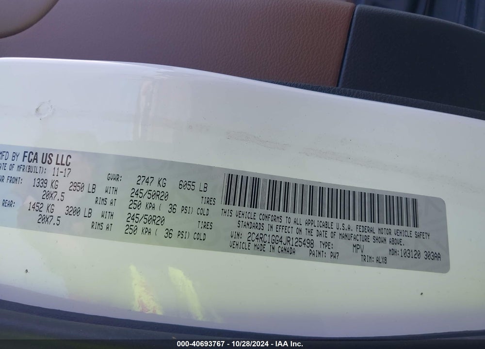 2018 CHRYSLER PACIFICA LIMITED VIN: 2C4RC1GG4JR125498