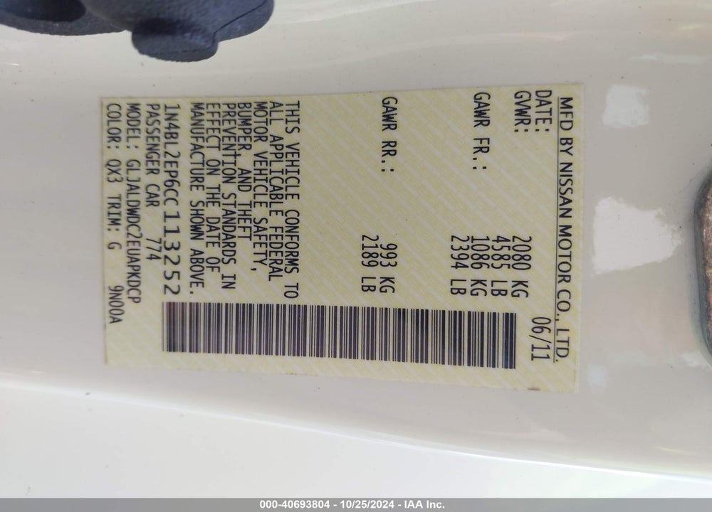 2012 NISSAN ALTIMA 3.5 SR VIN: 1N4BL2EP6CC113252