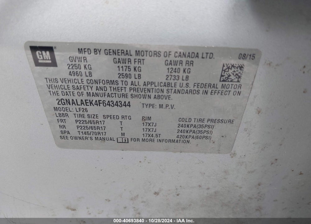 2015 CHEVROLET EQUINOX LS VIN: 2GNALAEK4F6434344