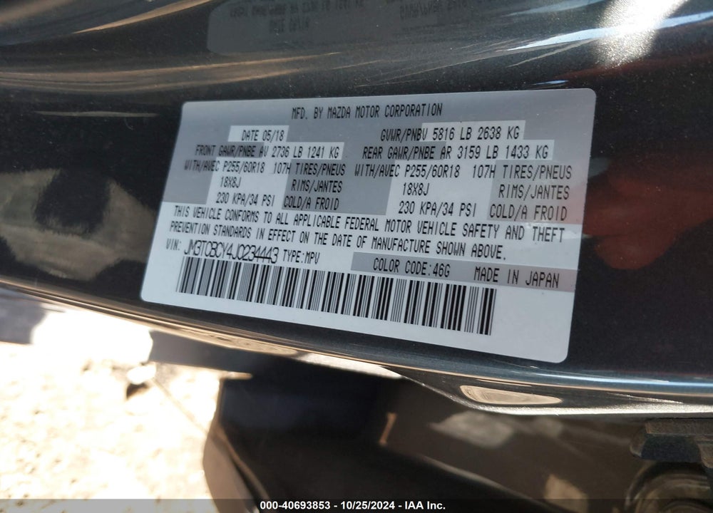 2018 MAZDA CX-9 TOURING VIN: JM3TCBCY4J0234443