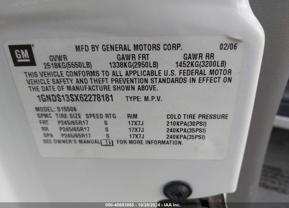 2006 CHEVROLET TRAILBLAZER LT VIN: 1GNDS13SX62278181