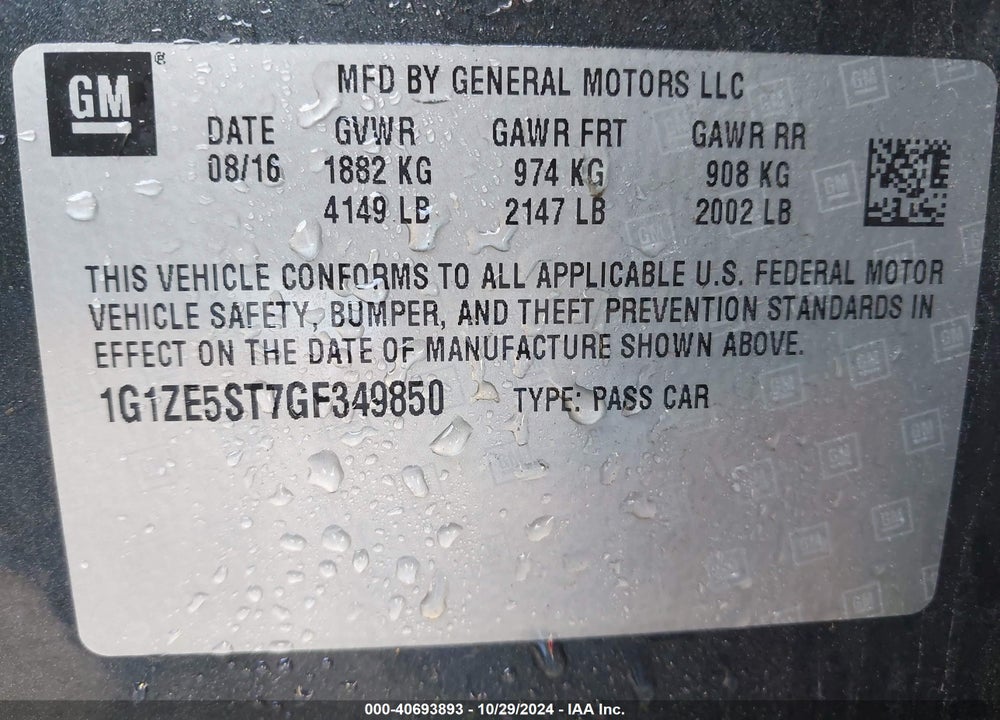 2016 CHEVROLET MALIBU 1LT VIN: 1G1ZE5ST7GF349850