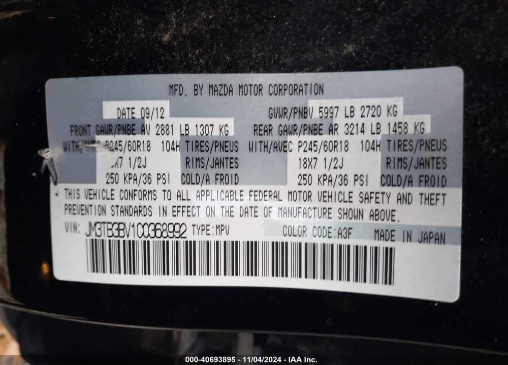 2012 MAZDA CX-9 SPORT VIN: JM3TB3BV1C0368992