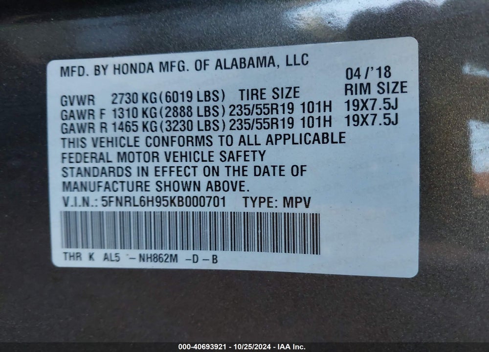 2019 HONDA ODYSSEY ELITE VIN: 5FNRL6H95KB000701