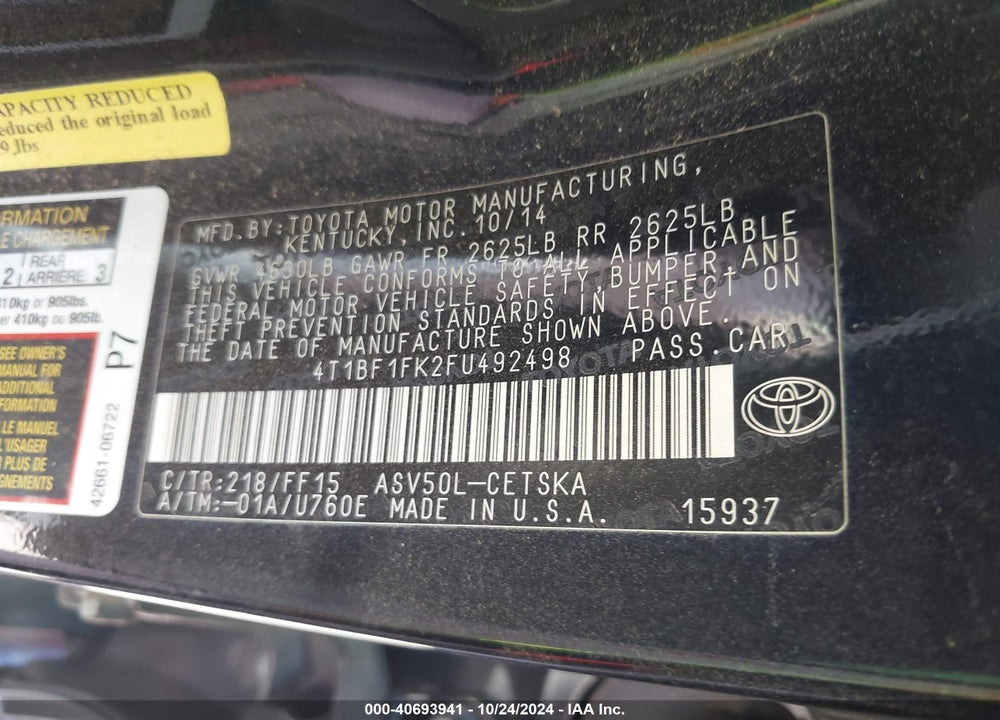 2015 TOYOTA CAMRY SE VIN: 4T1BF1FK2FU492498