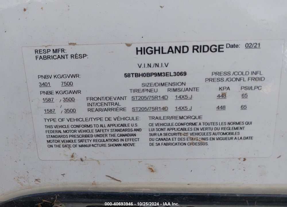 2021 HIGHLAND RIDGE OPEN RANGE VIN: 58TBH0BP9M3EL3069