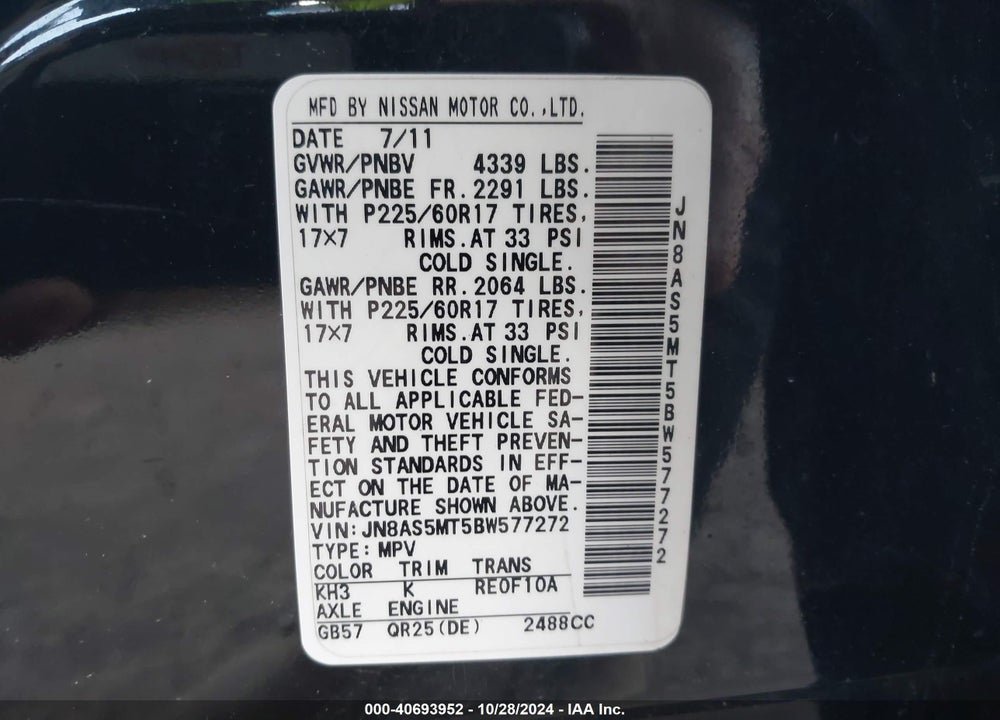 2011 NISSAN ROGUE SV VIN: JN8AS5MT5BW577272