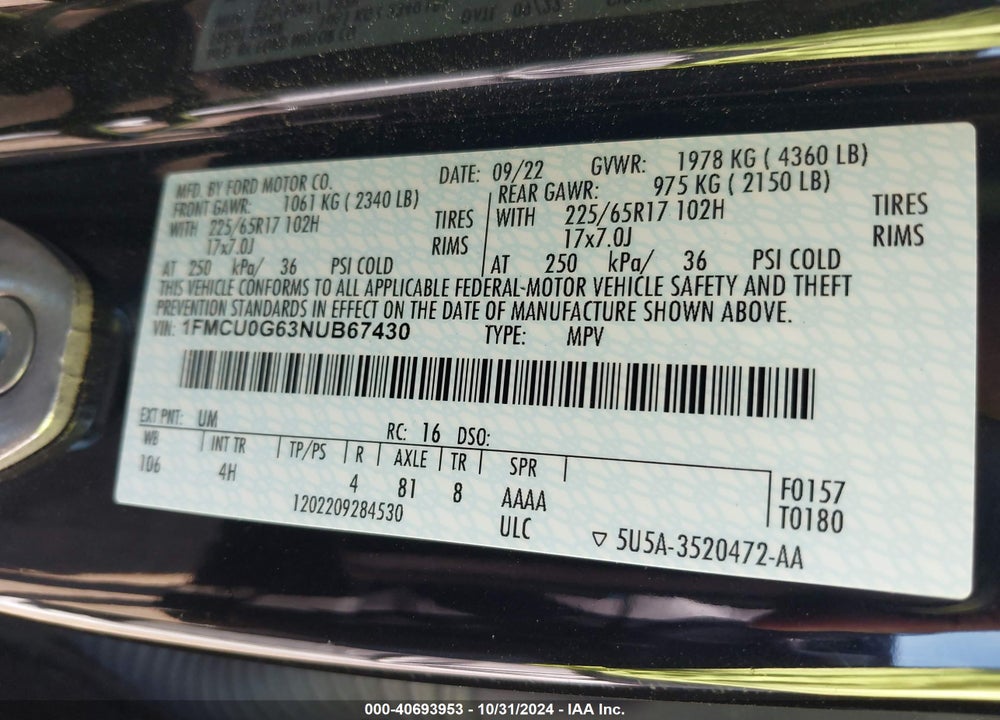 2022 FORD ESCAPE SE VIN: 1FMCU0G63NUB67430
