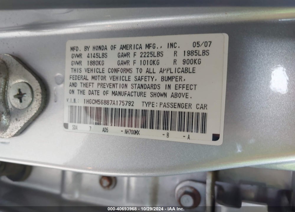 2007 HONDA ACCORD 2.4 EX VIN: 1HGCM56887A175792