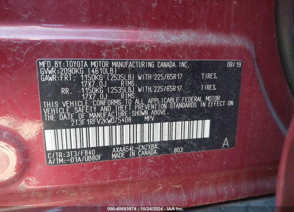 2019 TOYOTA RAV4 LE VIN: 2T3F1RFV2KW075408