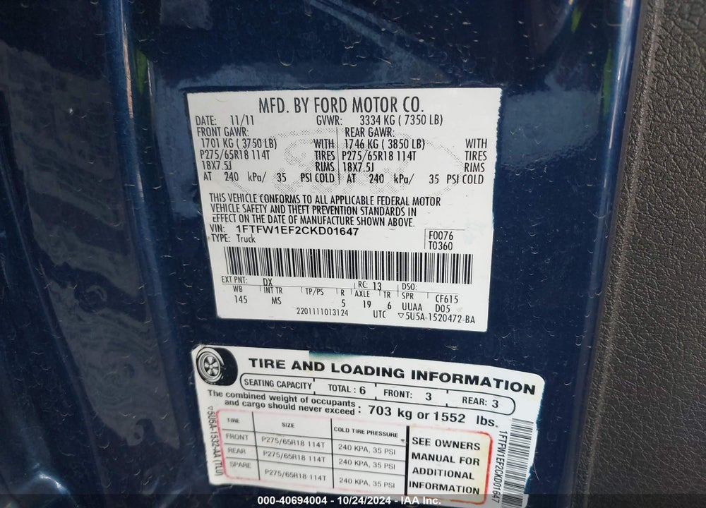 2012 FORD F-150 XLT VIN: 1FTFW1EF2CKD01647