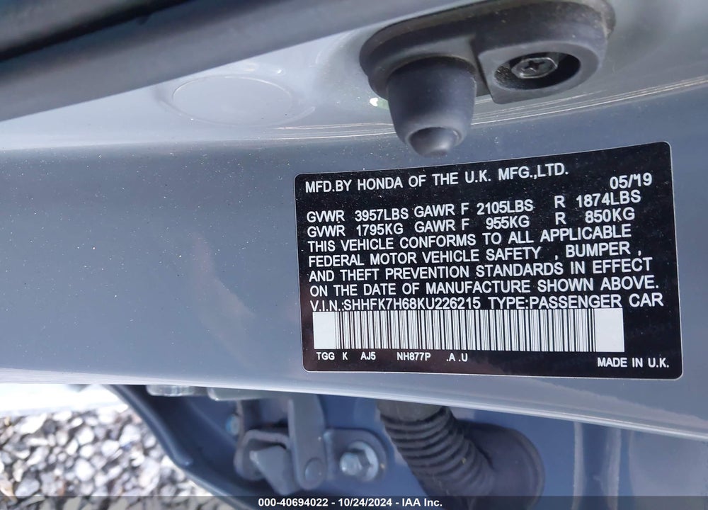2019 HONDA CIVIC EX VIN: SHHFK7H68KU226215