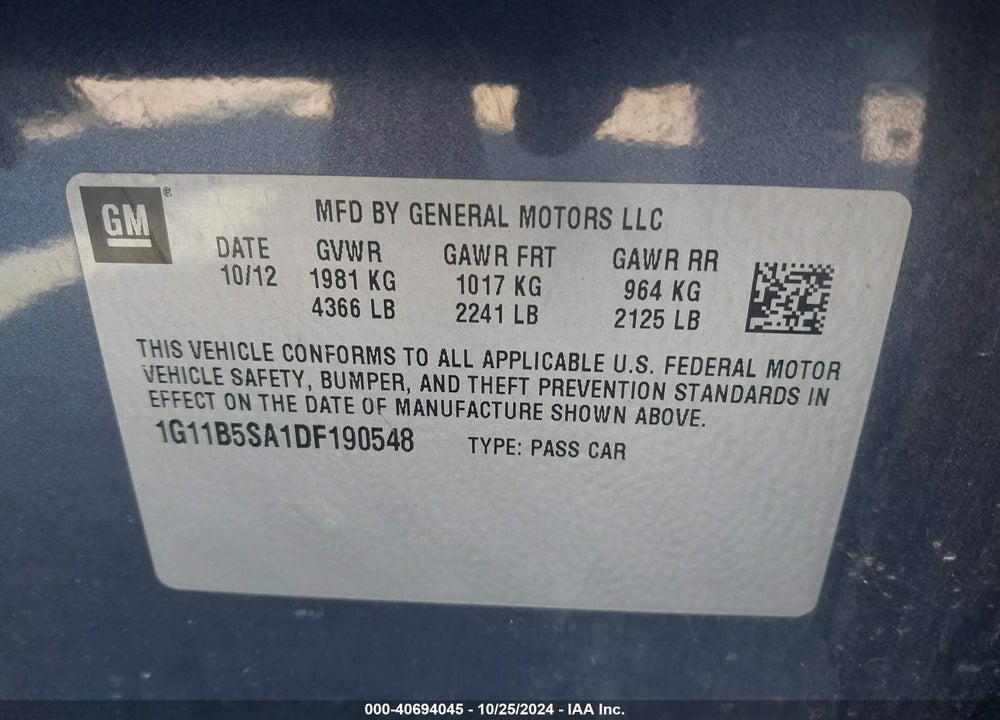 2013 CHEVROLET MALIBU 1LS VIN: 1G11B5SA1DF190548