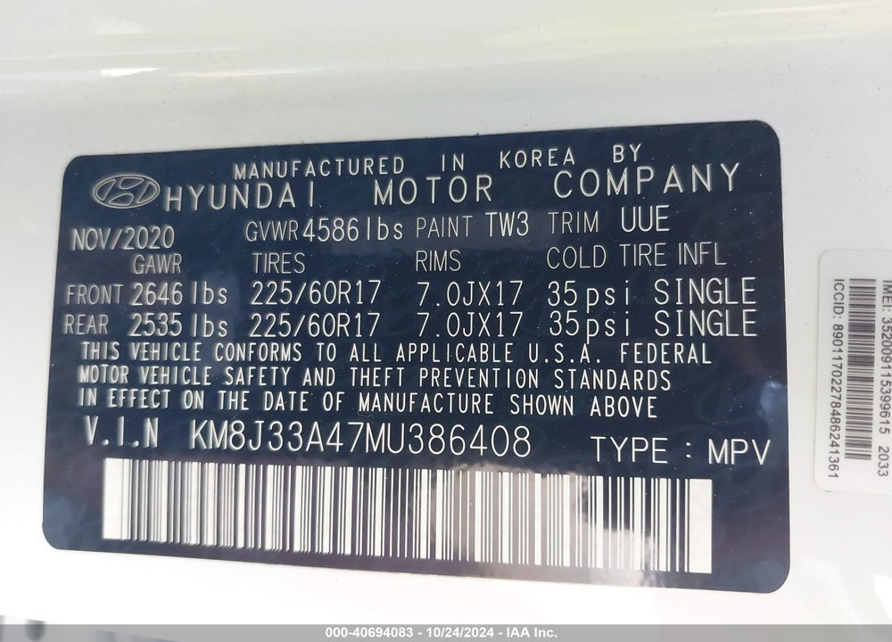 2021 HYUNDAI TUCSON VALUE VIN: KM8J33A47MU386408