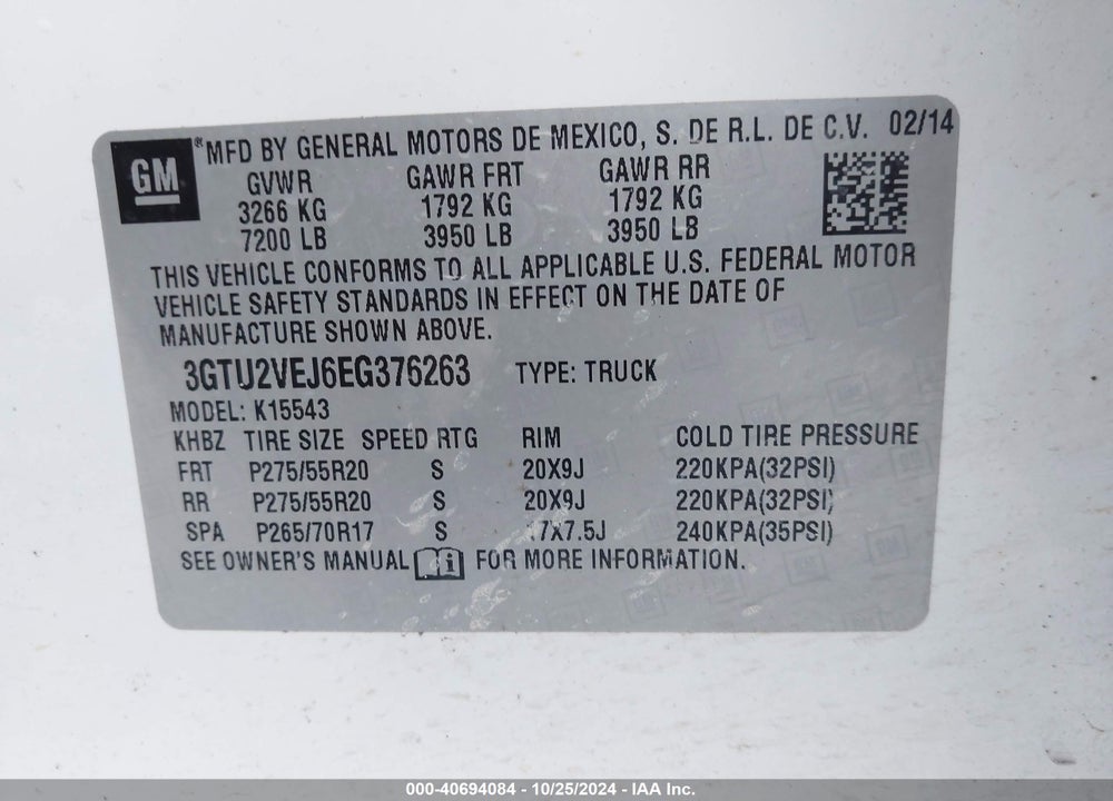 2014 GMC SIERRA 1500 SLT VIN: 3GTU2VEJ6EG376263