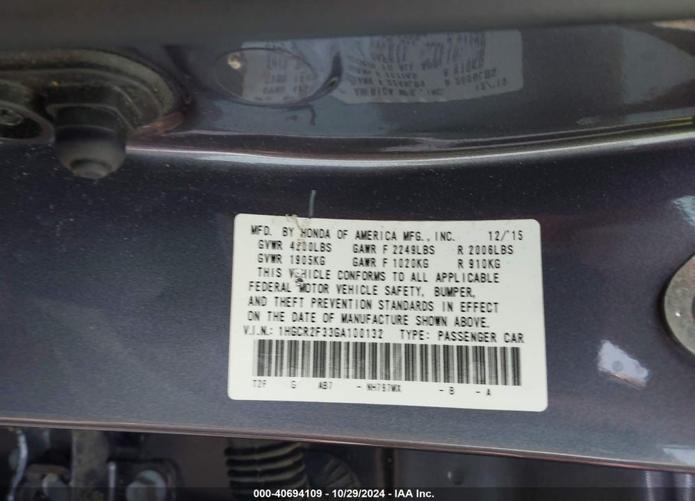 2016 HONDA ACCORD LX VIN: 1HGCR2F33GA100132