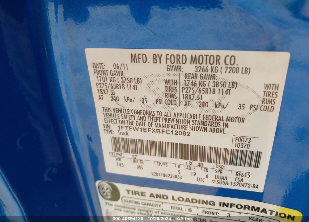2011 FORD F150 SUPERCREW VIN: 1FTFW1EFXBFC12092