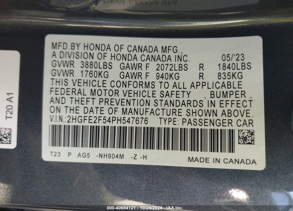 2023 HONDA CIVIC SPORT VIN: 2HGFE2F54PH547676