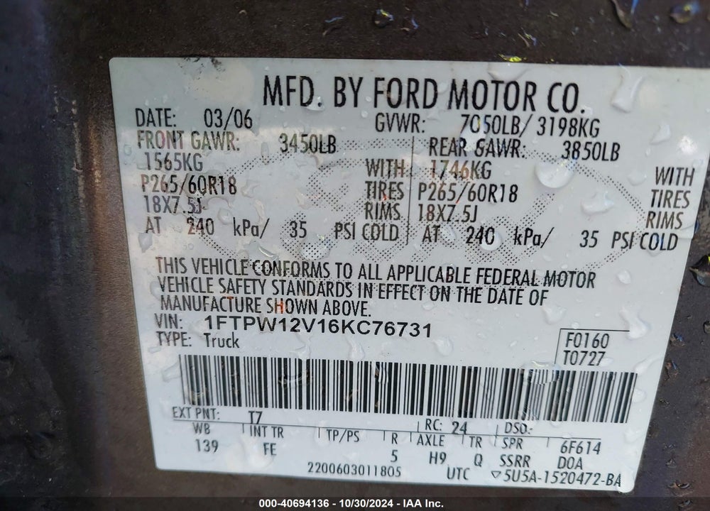 2006 FORD F-150 LARIAT/XLT VIN: 1FTPW12V16KC76731