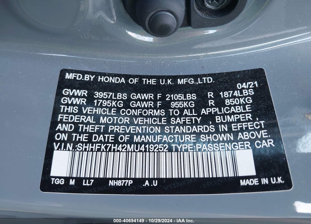 2021 HONDA CIVIC SPORT VIN: SHHFK7H42MU419252