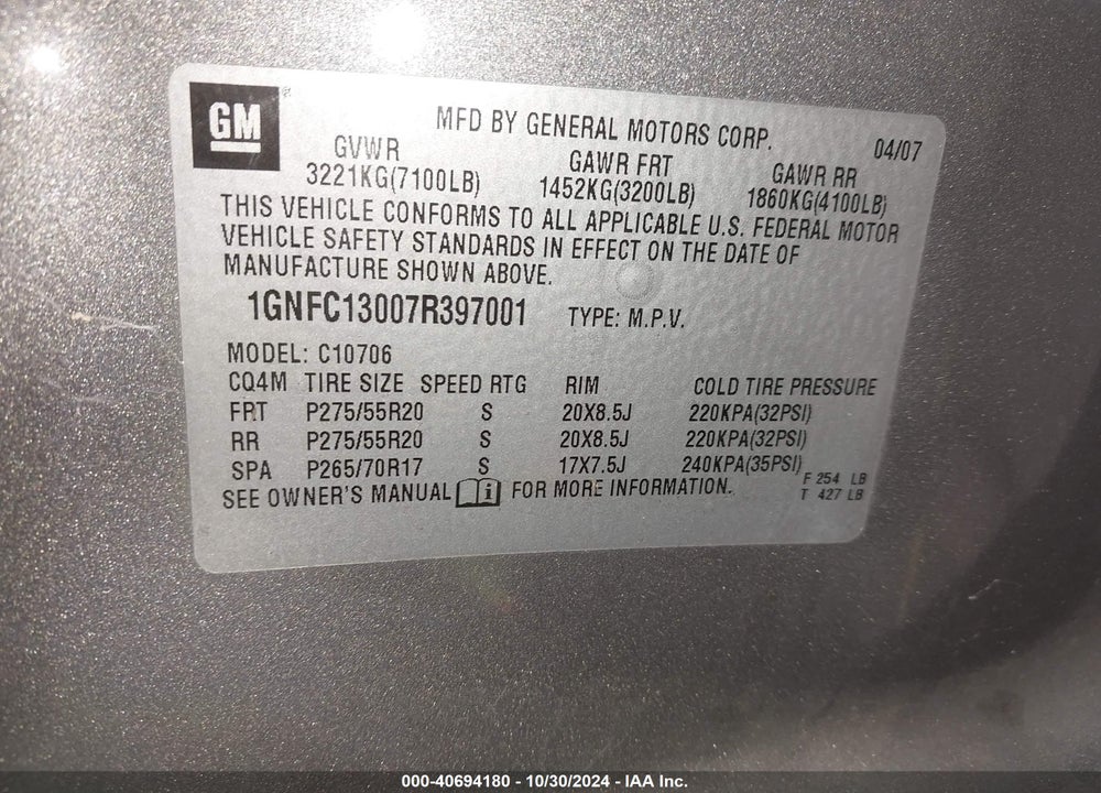 2007 CHEVROLET TAHOE LTZ VIN: 1GNFC13007R397001