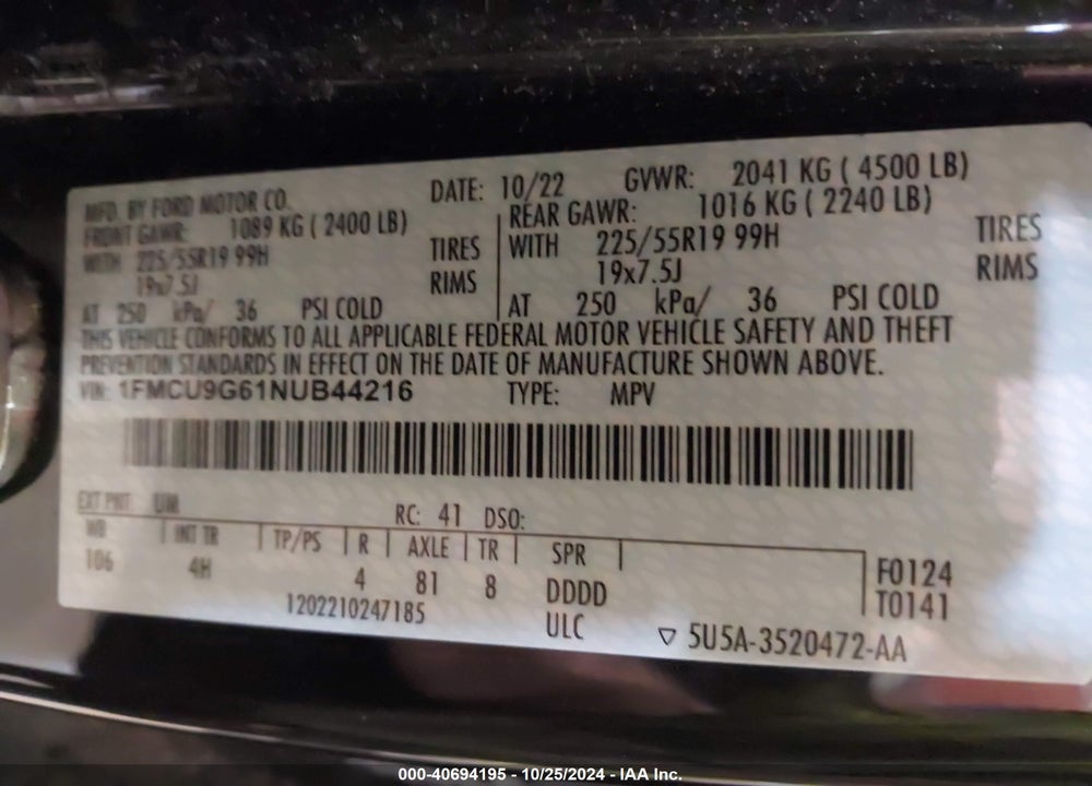 2022 FORD ESCAPE SE VIN: 1FMCU9G61NUB44216