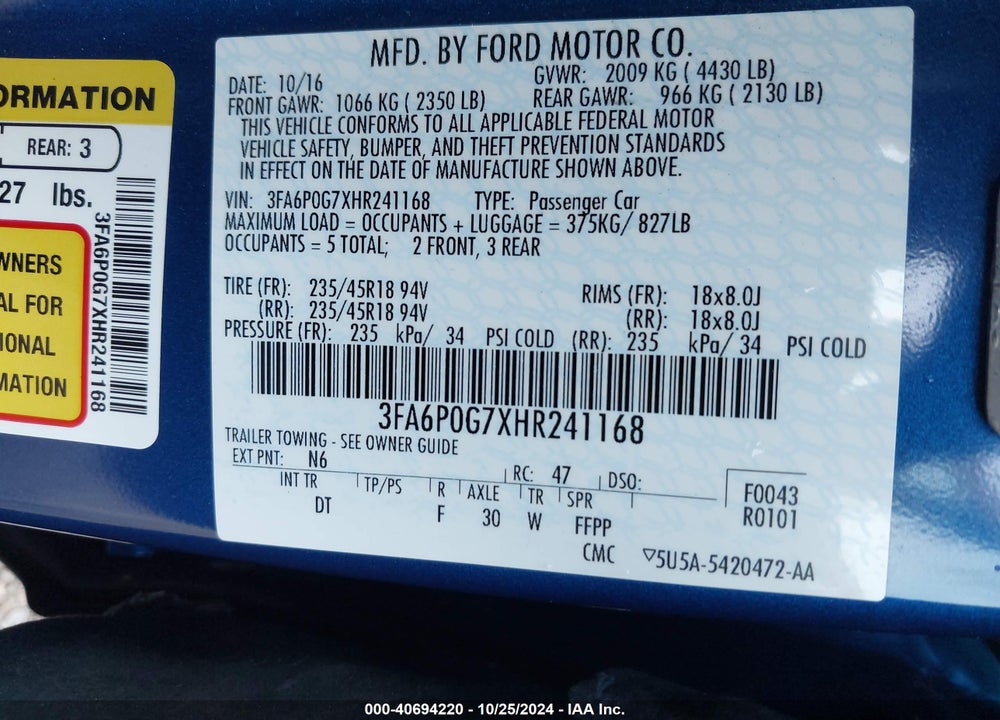 2017 FORD FUSION S VIN: 3FA6P0G7XHR241168