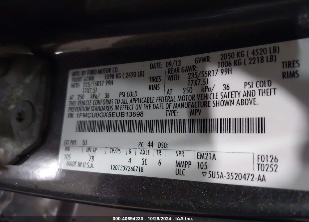 2014 FORD ESCAPE SE VIN: 1FMCU0GX5EUB13698