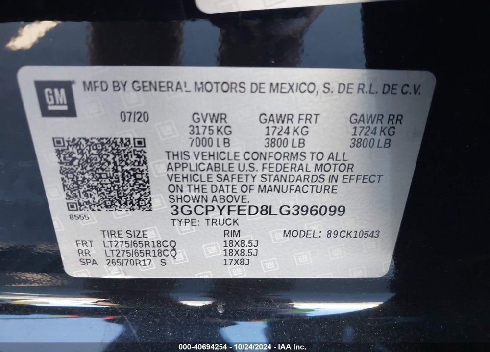 2020 CHEVROLET SILVERADO 1500 4WD SHORT BED LT TRAIL BOSS VIN: 3GCPYFED8LG396099