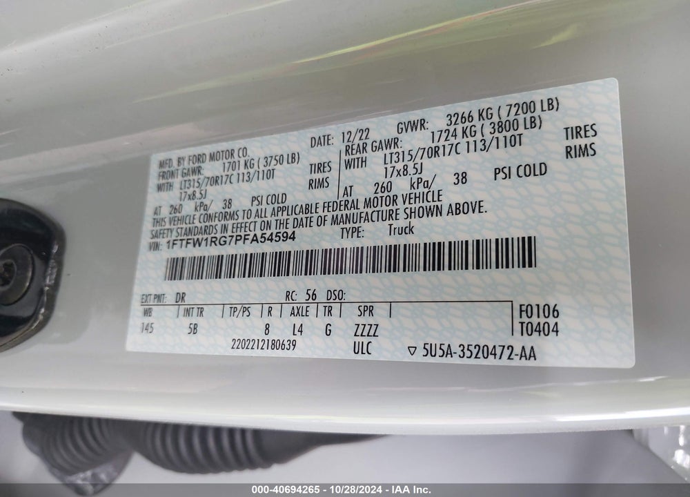 2023 FORD F-150 RAPTOR VIN: 1FTFW1RG7PFA54594