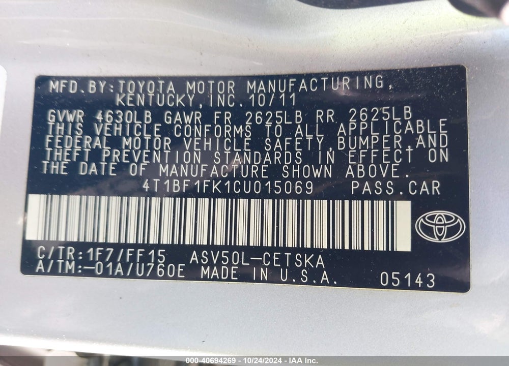 2012 TOYOTA CAMRY SE VIN: 4T1BF1FK1CU015069