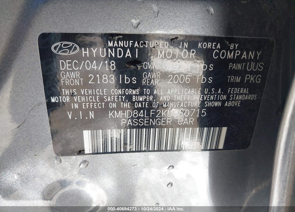 2019 HYUNDAI ELANTRA SEL VIN: KMHD84LF2KU830715
