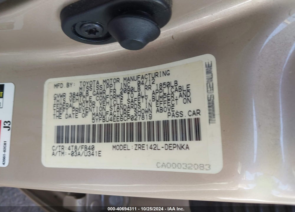 2012 TOYOTA COROLLA LE VIN: 5YFBU4EE6CP027819