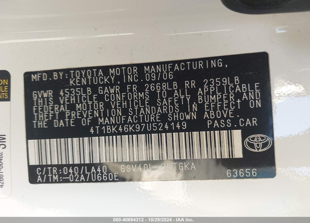2007 TOYOTA CAMRY XLE V6 VIN: 4T1BK46K97U524149