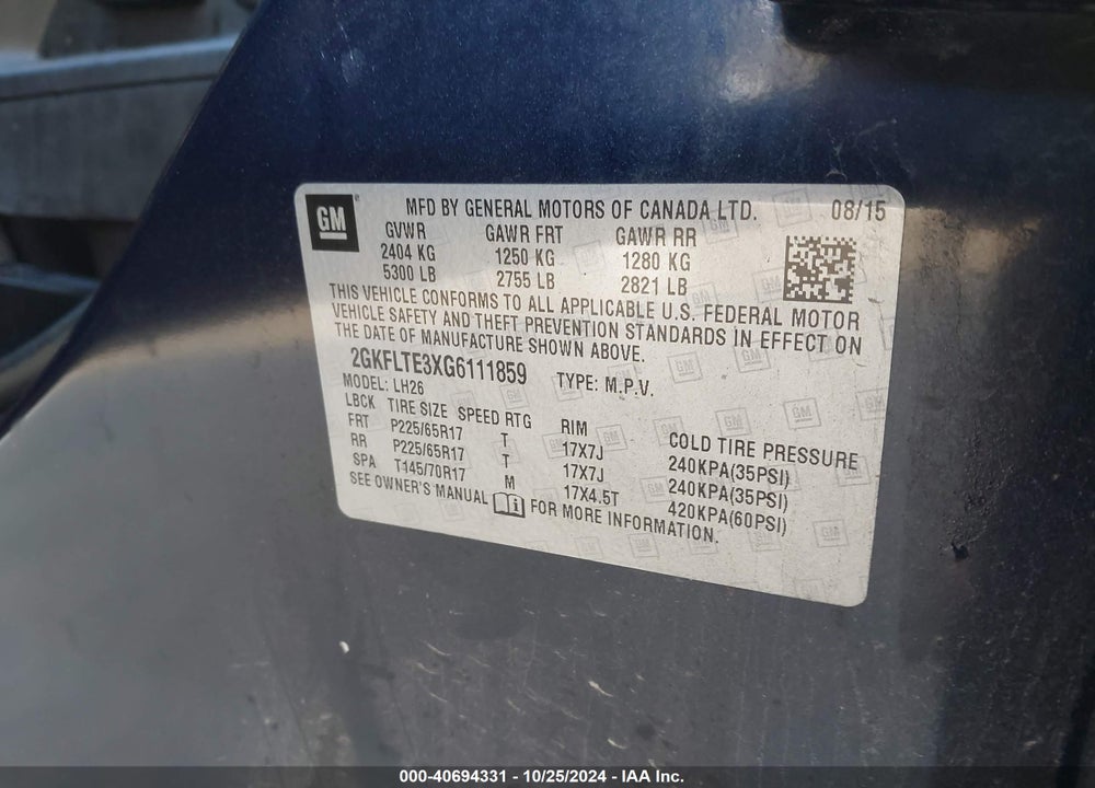 2016 GMC TERRAIN SLE-2 VIN: 2GKFLTE3XG6111859