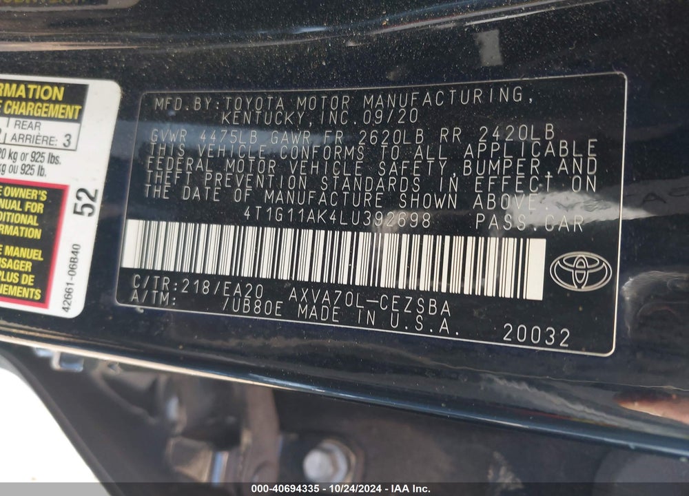 2020 TOYOTA CAMRY SE VIN: 4T1G11AK4LU392698