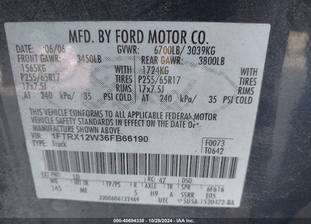 2006 FORD F-150 STX/XL/XLT VIN: 1FTRX12W36FB66190