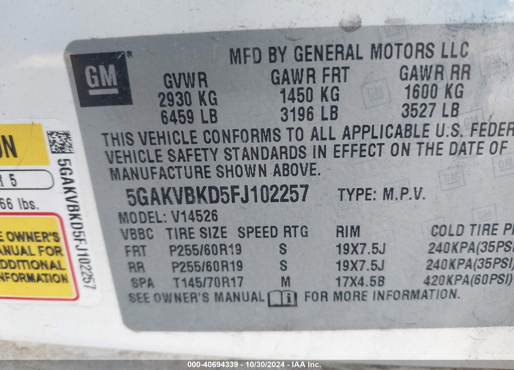 2015 BUICK ENCLAVE LEATHER VIN: 5GAKVBKD5FJ102257