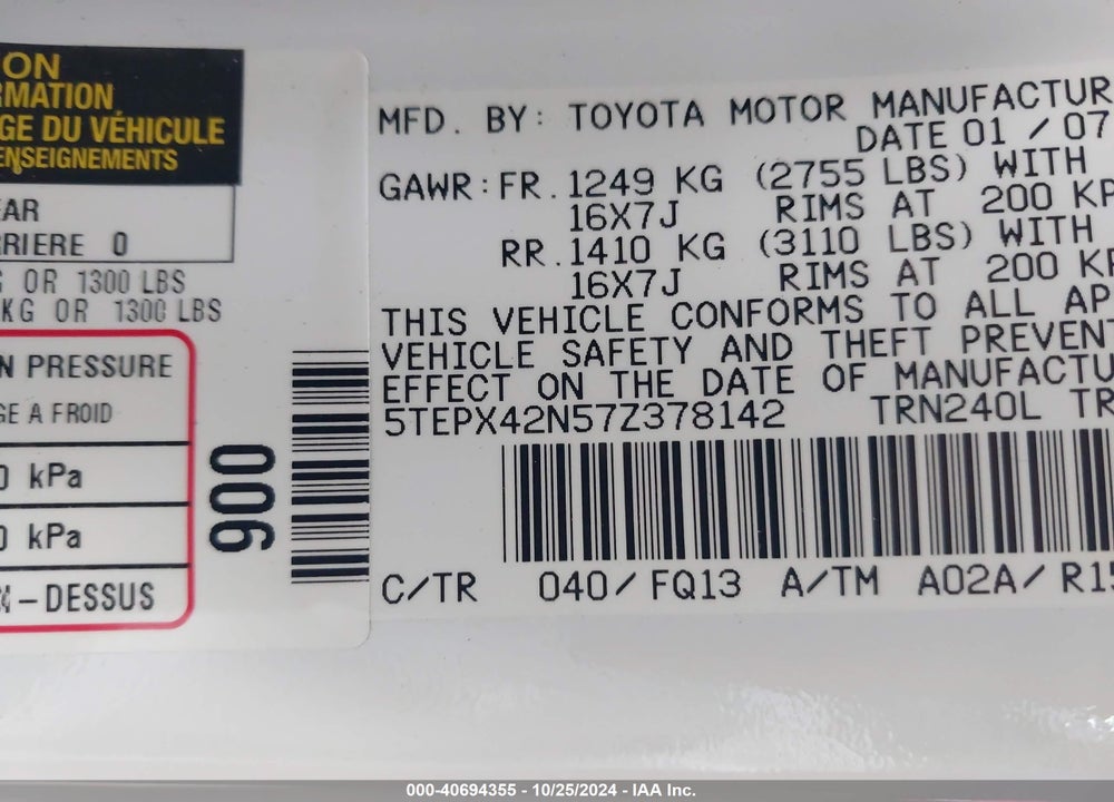 2007 TOYOTA TACOMA VIN: 5TEPX42N57Z378142