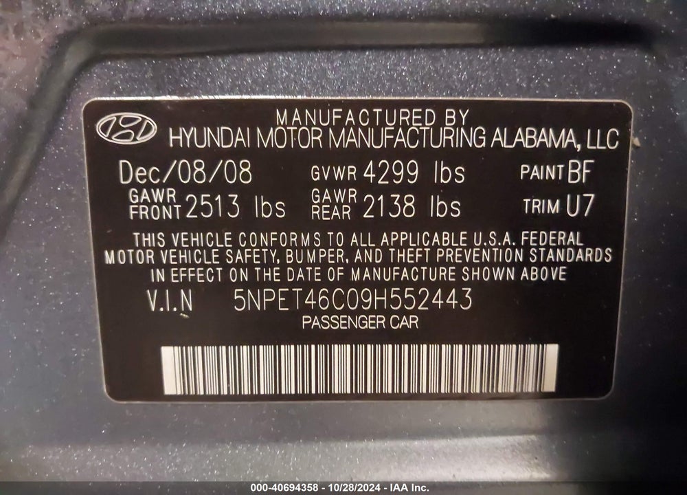 2009 HYUNDAI SONATA GLS VIN: 5NPET46C09H552443