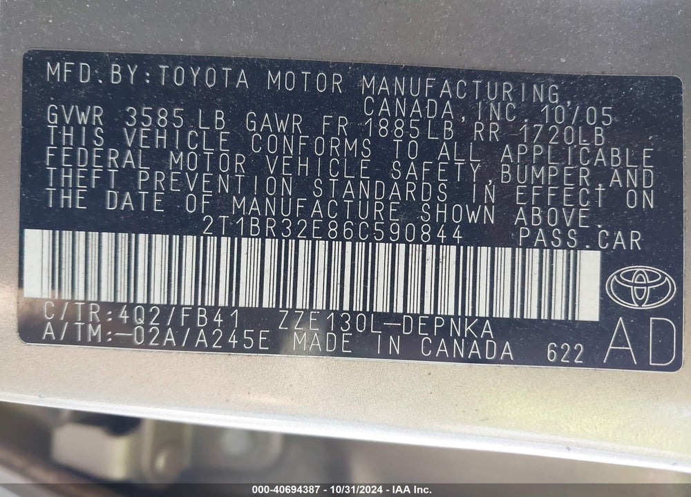 2006 TOYOTA COROLLA LE VIN: 2T1BR32E86C590844