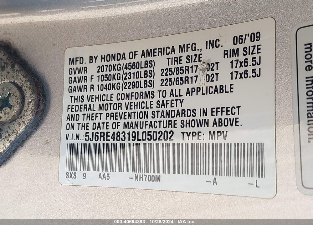 2009 HONDA CR-V LX VIN: 5J6RE48319L050202