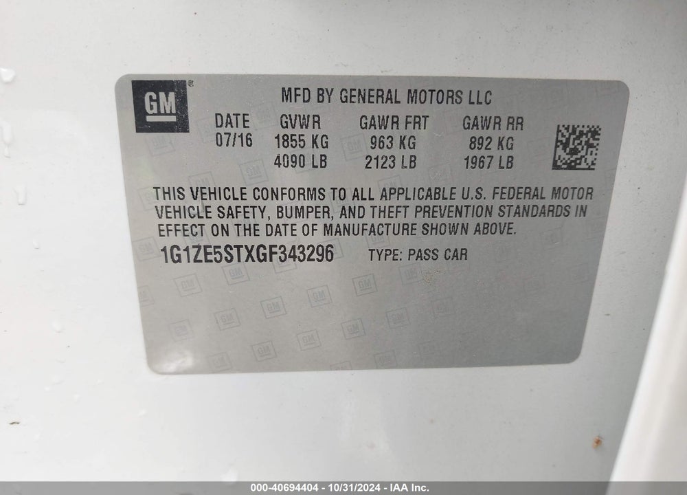 2016 CHEVROLET MALIBU VIN: 1G1ZE5STXGF343296