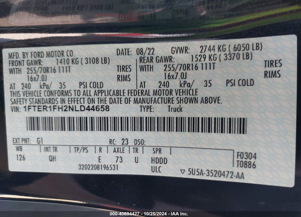2022 FORD RANGER XL VIN: 1FTER1FH2NLD44658