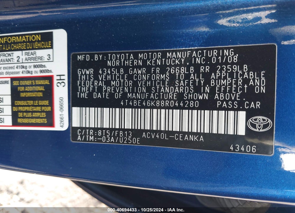 2008 TOYOTA CAMRY LE VIN: 4T4BE46K88R044280