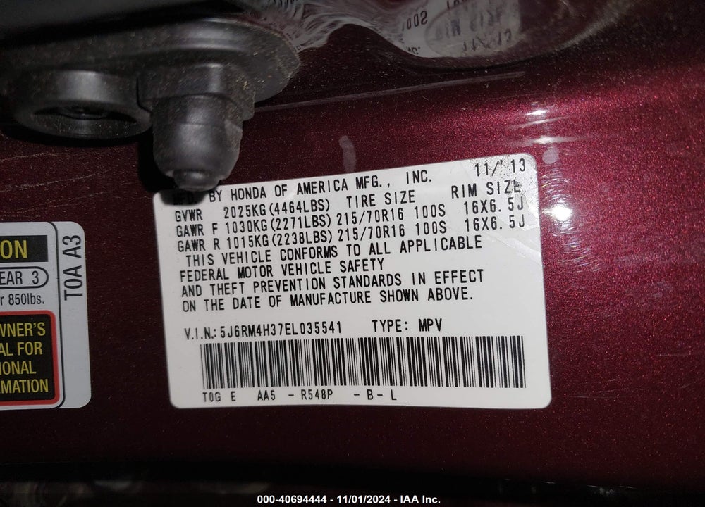 2014 HONDA CR-V LX VIN: 5J6RM4H37EL035541